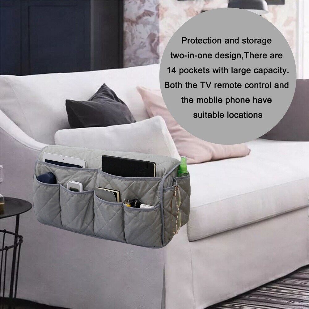 2 Pcs Grey Quilted Sofa Armrest Organizer Caddy - Multi-Pocket Remote Control Holder Bag 3
