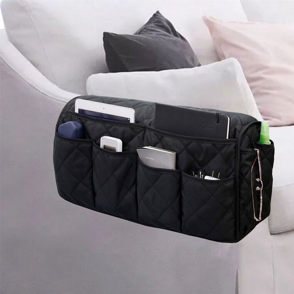 2 Pcs Blue Quilted Sofa Armrest Organizer Caddy - Multi-Pocket Remote Control Holder Bag 4