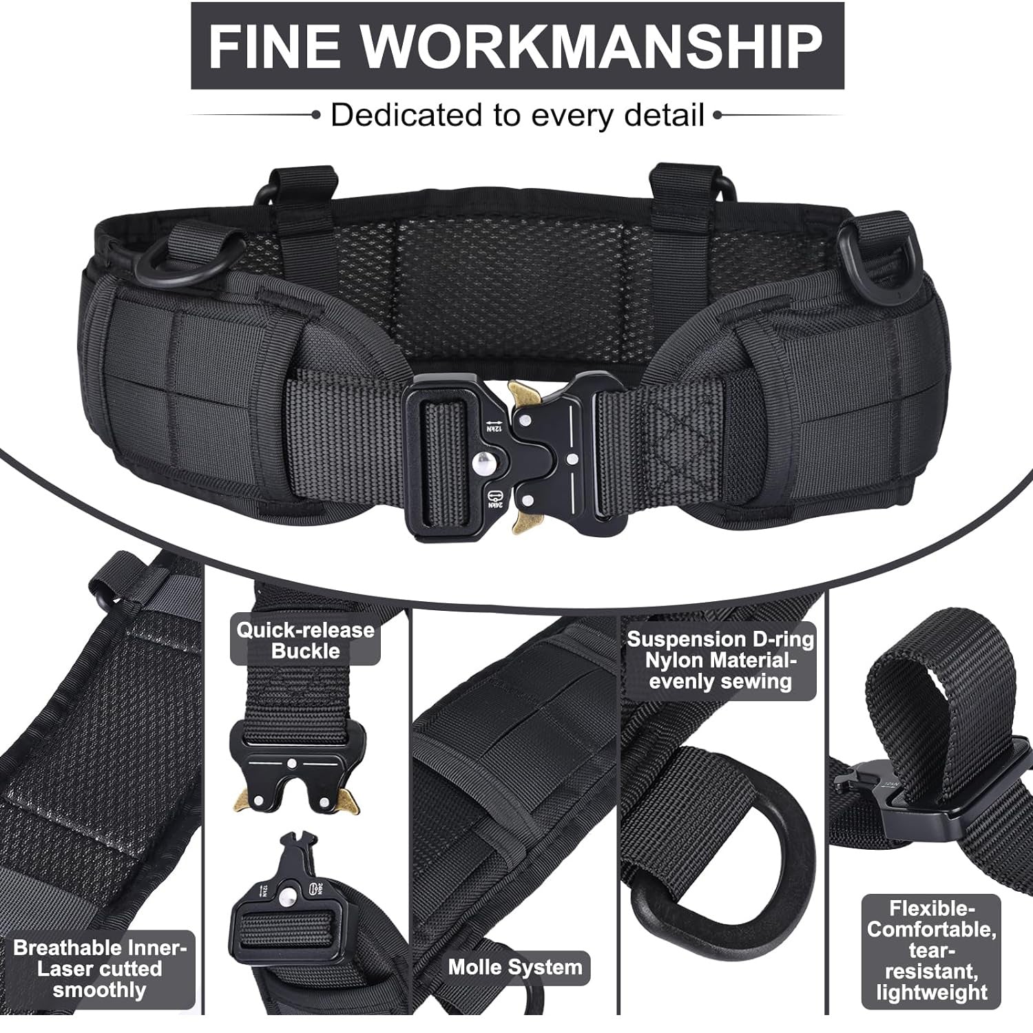 Khaki Adjustable Tactical Battle Belt Set - Padded MOLLE Outer & Nylon Inner Belt 3