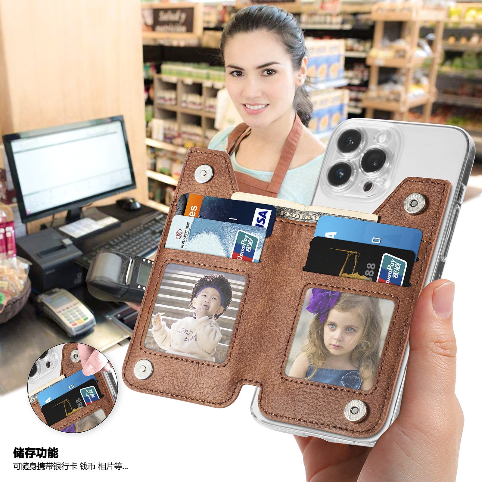 2 Pcs Blue Multifunction Stick-On Phone Wallet - PU Leather Card Holder with Zipper & Flip Cover 4
