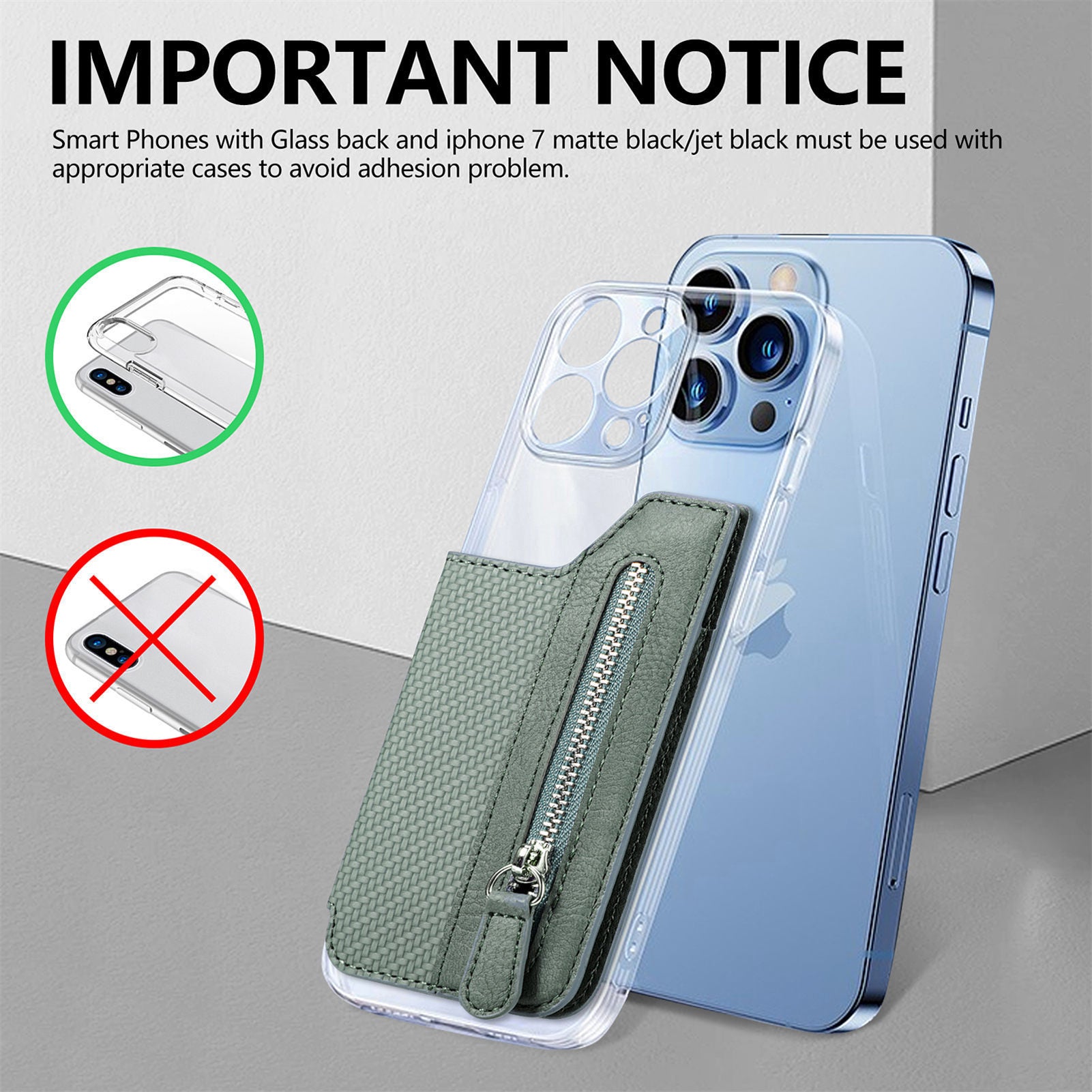 2 Pcs Green Multifunction Stick-On Phone Wallet - PU Leather Card Holder with Zipper & Flip Cover 5