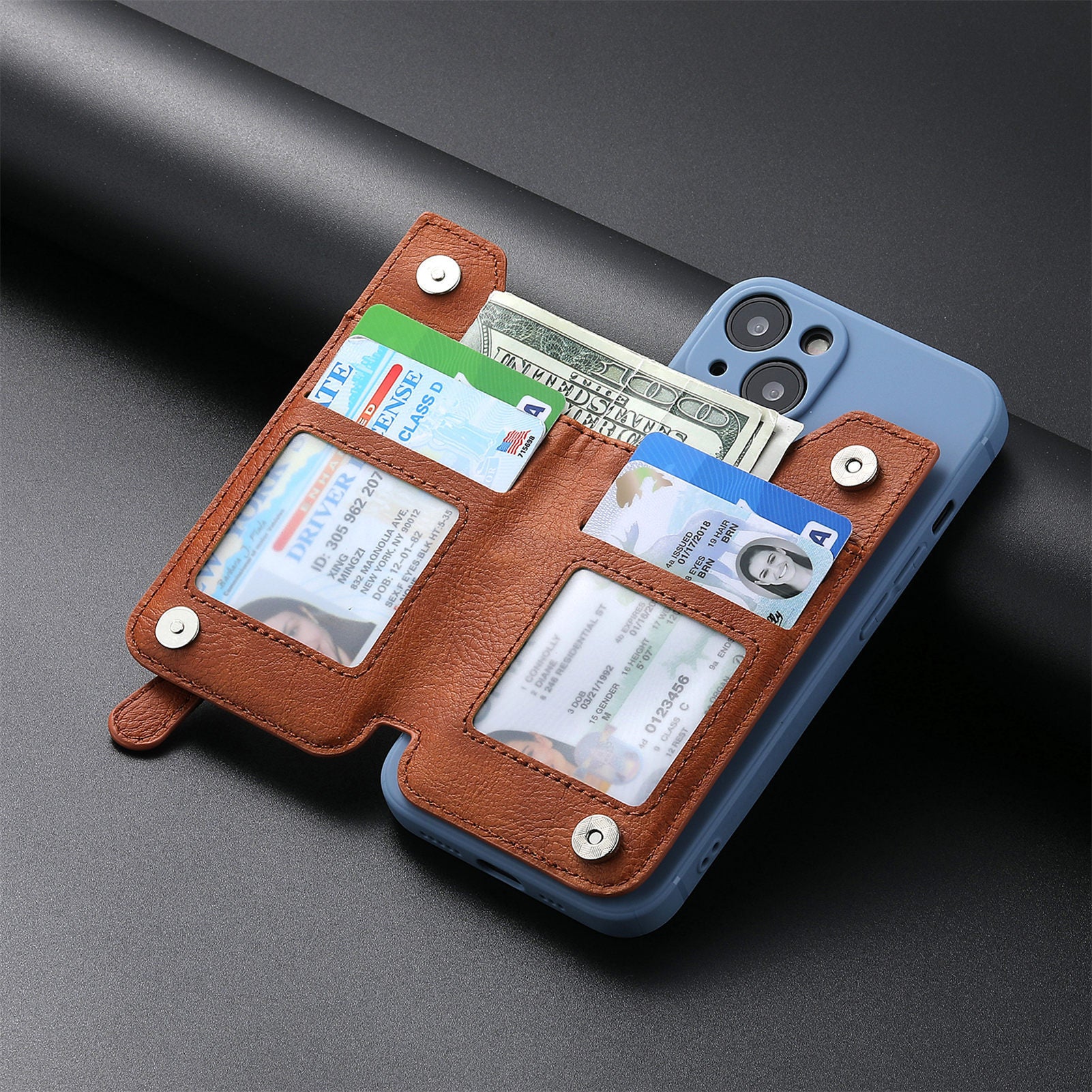 2 Pcs Khaki Multifunction Stick-On Phone Wallet - PU Leather Card Holder with Zipper & Flip Cover 11