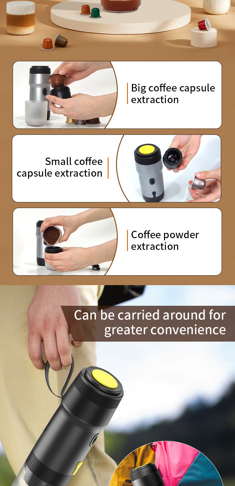 Black 3-in-1 Portable Electric Espresso Maker - Rechargeable Travel Coffee Machine for Capsules & Ground Coffee 5