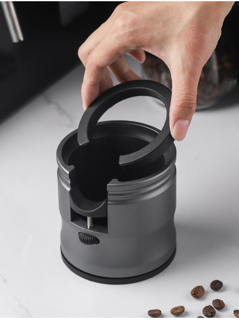 Silver Round Professional Aluminum Espresso Tamping Station - Adjustable Portafilter Holder Stand 4