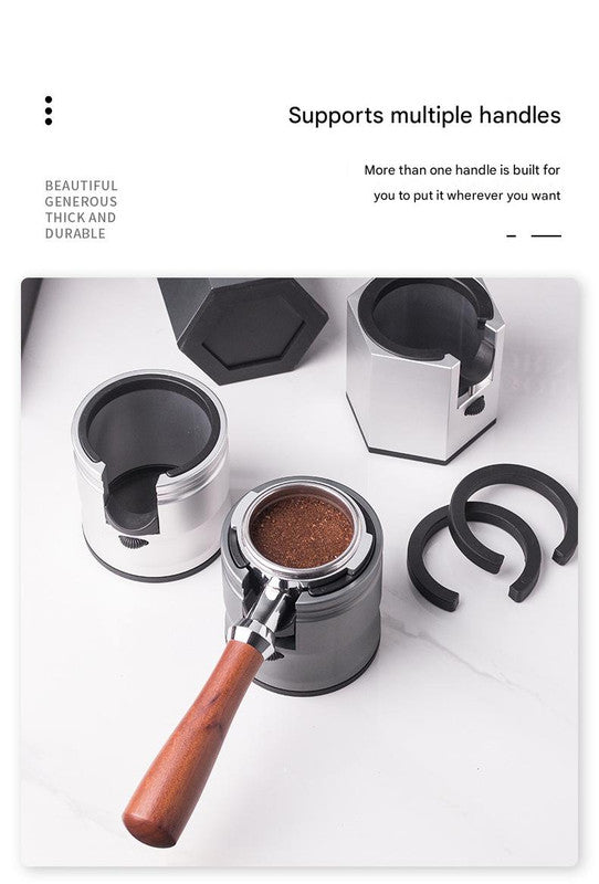Silver Round Professional Aluminum Espresso Tamping Station - Adjustable Portafilter Holder Stand 6