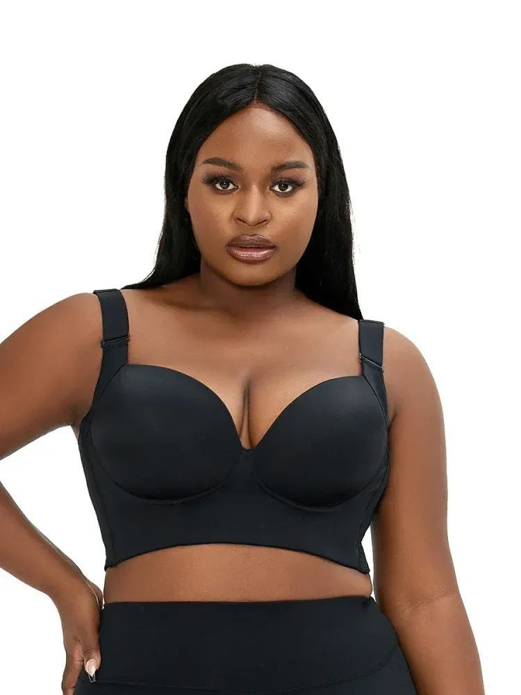 36/80C Black Plus-Size Seamless Underwire Bra - Lift & Support Deep V Sports Back Design