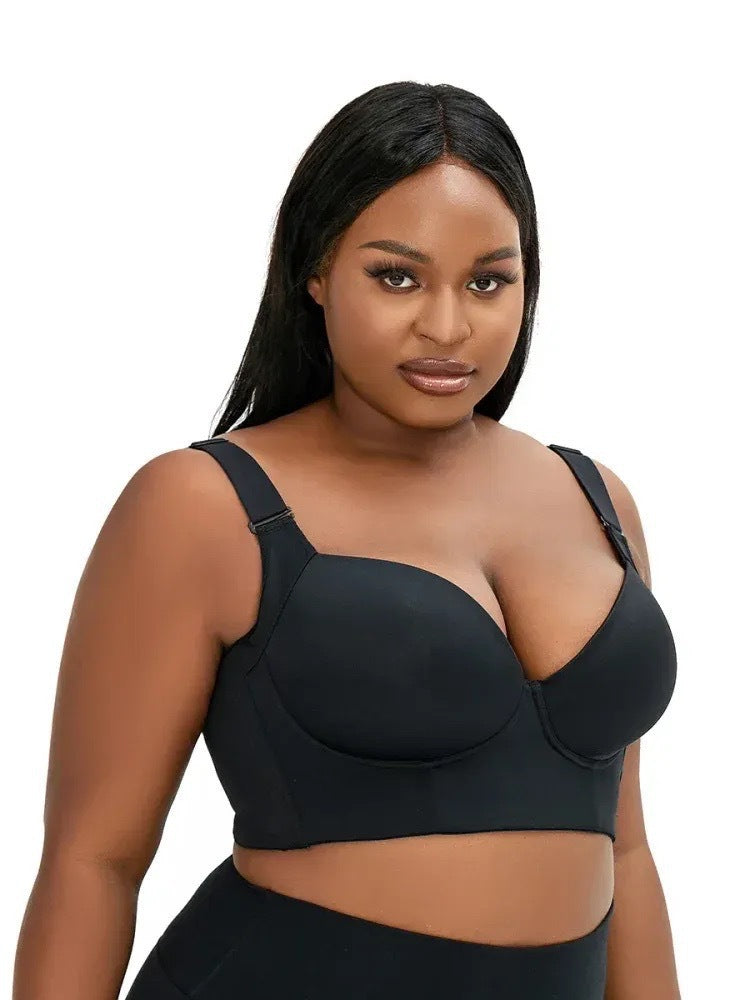 38/85D Black Plus-Size Seamless Underwire Bra - Lift & Support Deep V Sports Back Design 3