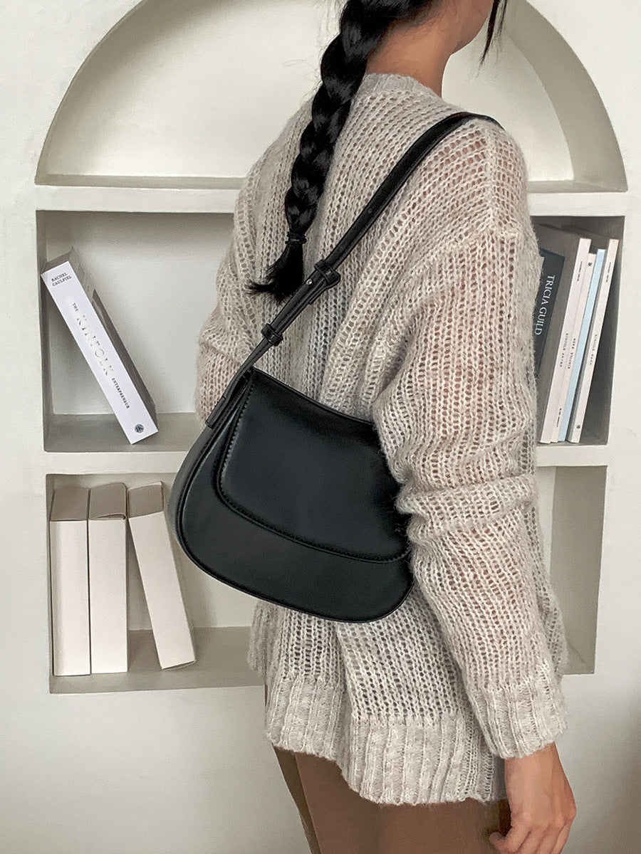 Black Women's Vintage Flap Shoulder Bag Solid Color Summer Fashion Large Capacity Tote Minimalist Underarm Commuter Bag