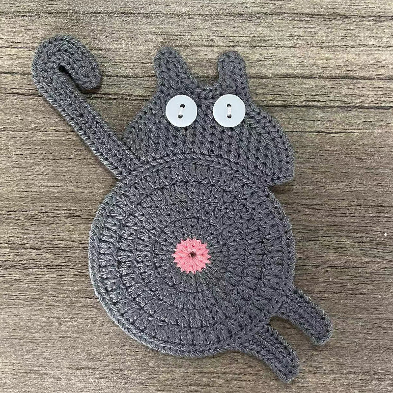 Grey Cat Butt Coasters 3-Piece Set - Cute Knitted Drink Coasters for Cat Lovers