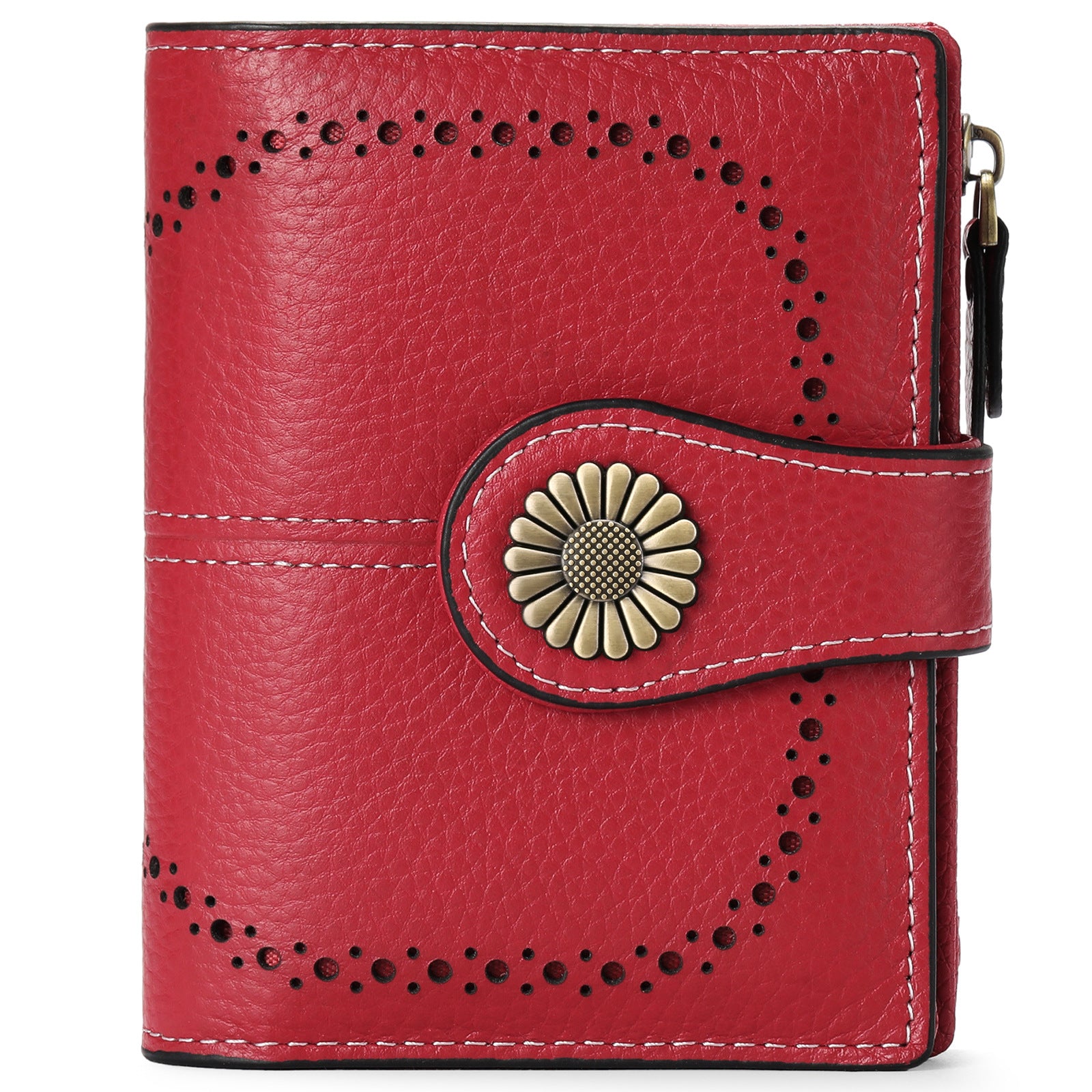 Red (Wrestling) Women's Short Leather Wallet - European Style Waxed Leather Coin Purse with Zipper Card Holder in Red