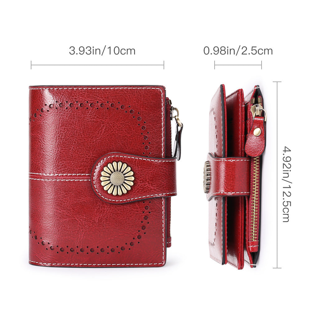 White(Star Napa) Women's Short Leather Wallet - European Style Waxed Leather Coin Purse with Zipper Card Holder in Red 3