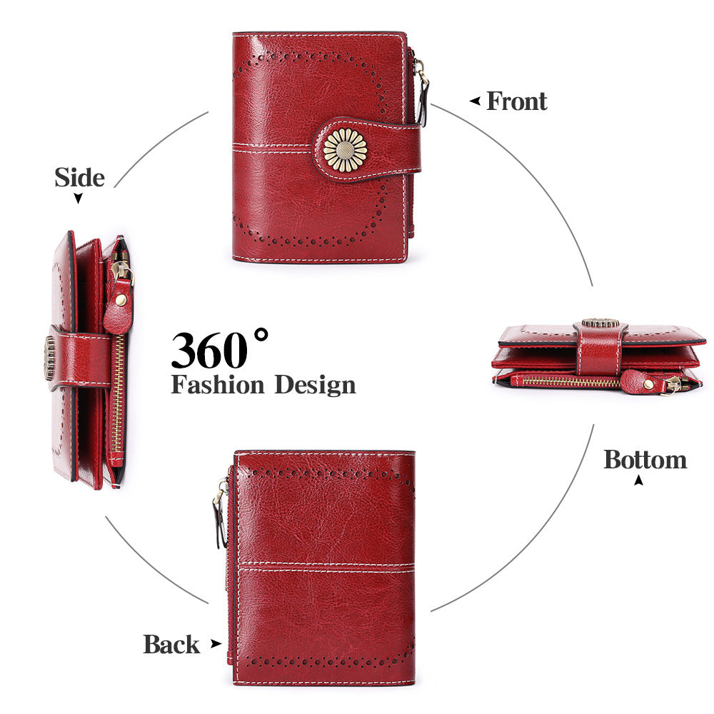White(Star Napa) Women's Short Leather Wallet - European Style Waxed Leather Coin Purse with Zipper Card Holder in Red 4