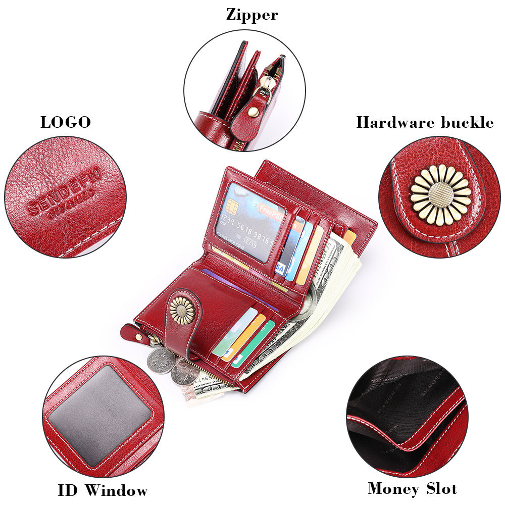 White(Star Napa) Women's Short Leather Wallet - European Style Waxed Leather Coin Purse with Zipper Card Holder in Red 5