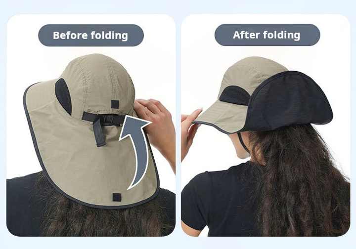 Black Wide Brim Sun Hat with Cape - Foldable UV Protection - 10cm Brim