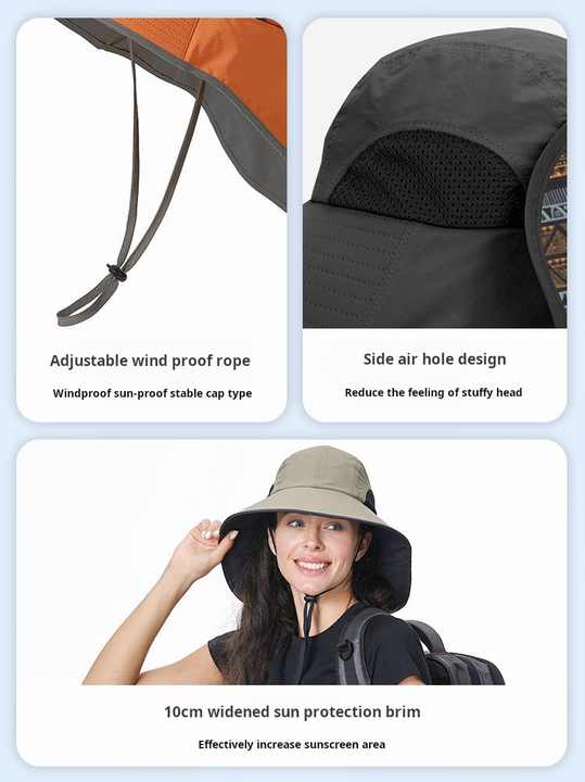 Black Wide Brim Sun Hat with Cape - Foldable UV Protection - 10cm Brim 3
