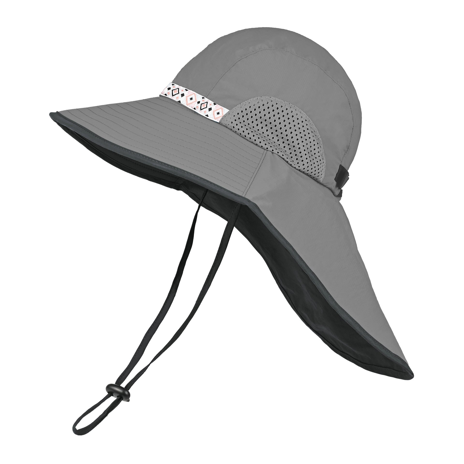 Grey Wide Brim Sun Hat with Cape - Foldable UV Protection - 10cm Brim
