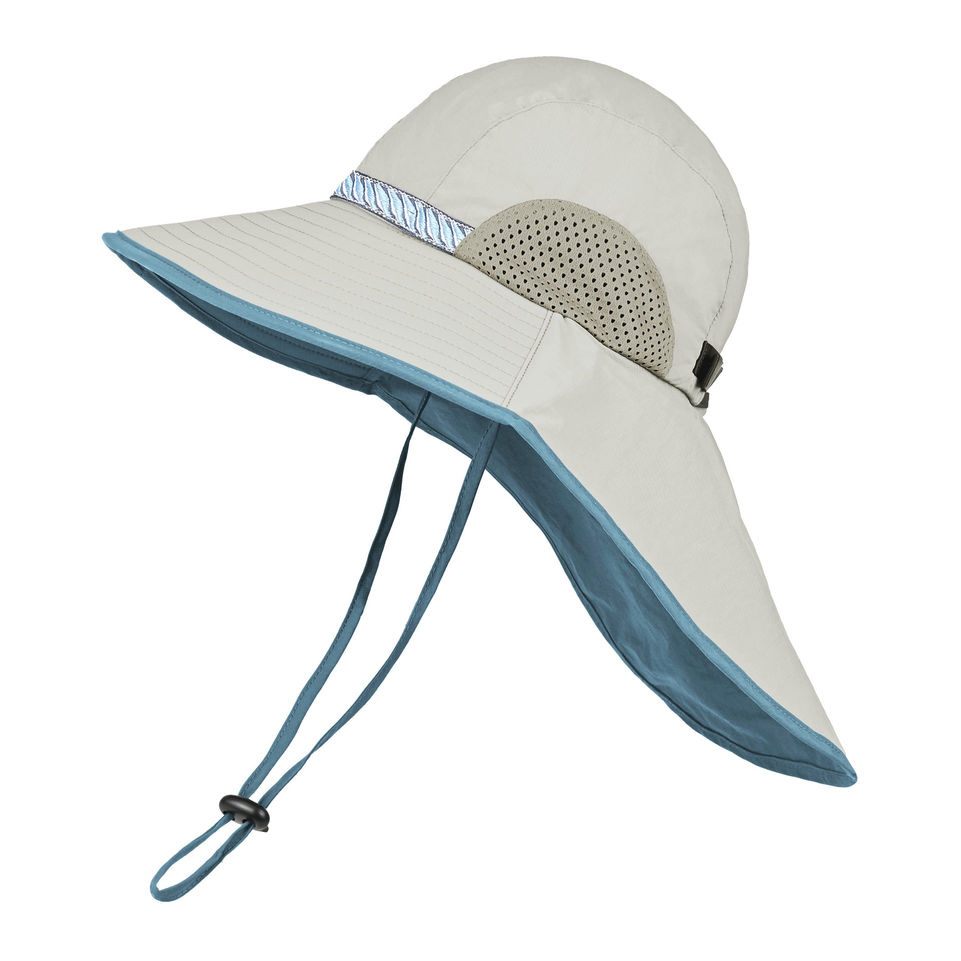 Grey(Dark Blue Webbing) Wide Brim Sun Hat with Cape - Foldable UV Protection - 10cm Brim