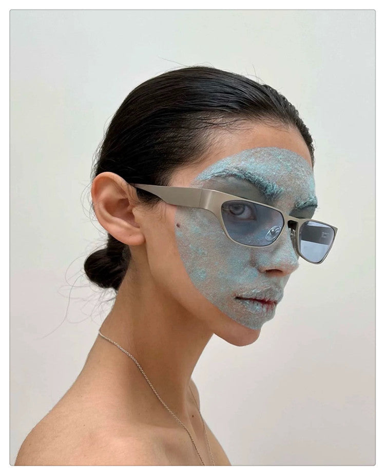 Silver Frame Blue Sheet Retro Cat-Eye Metal Sunglasses for Women - UV Protection Stylish Streetwear Shades 3