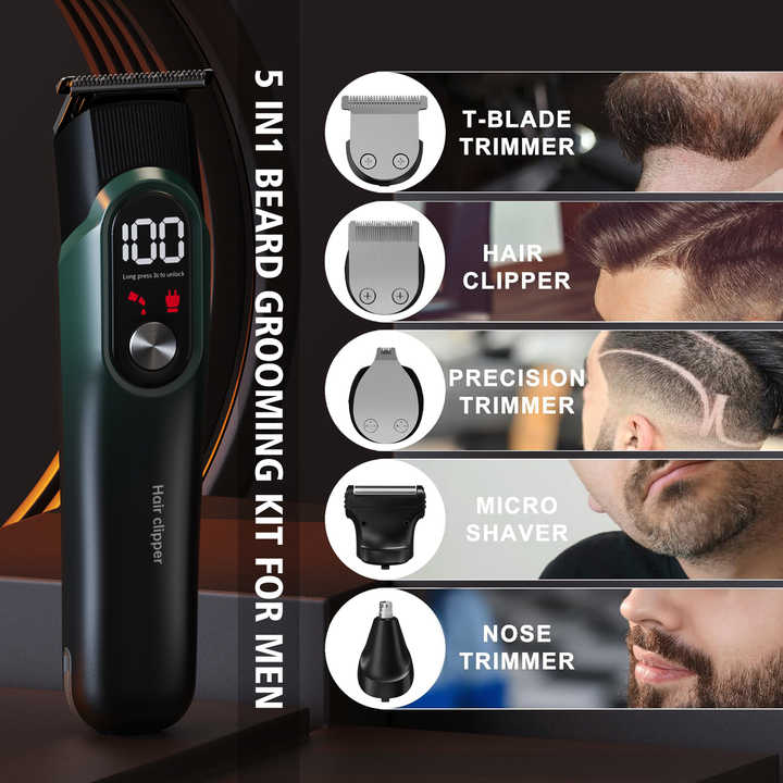 Green 5-in-1 Digital Display Hair Clipper Set - Adjustable Multifunctional Trimmer for Hair, Beard, and Precision Grooming 4
