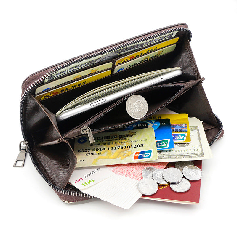 Black 2PCS Men's Premium Long Wallet - Business PU Leather Zip Around Card Holder with Multiple Slots & Pull-Tab Design 3