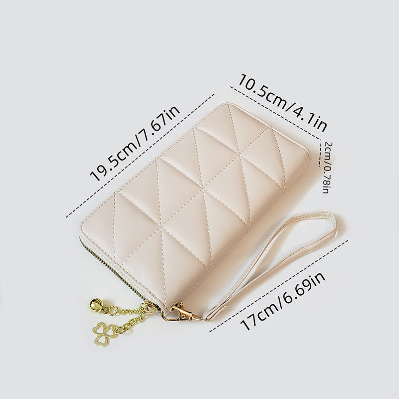 Beige-Triangle Women's Classic Quilted Long Wallet - Premium Diamond Stitch Zip Around Card Holder with Multiple Compartments 3