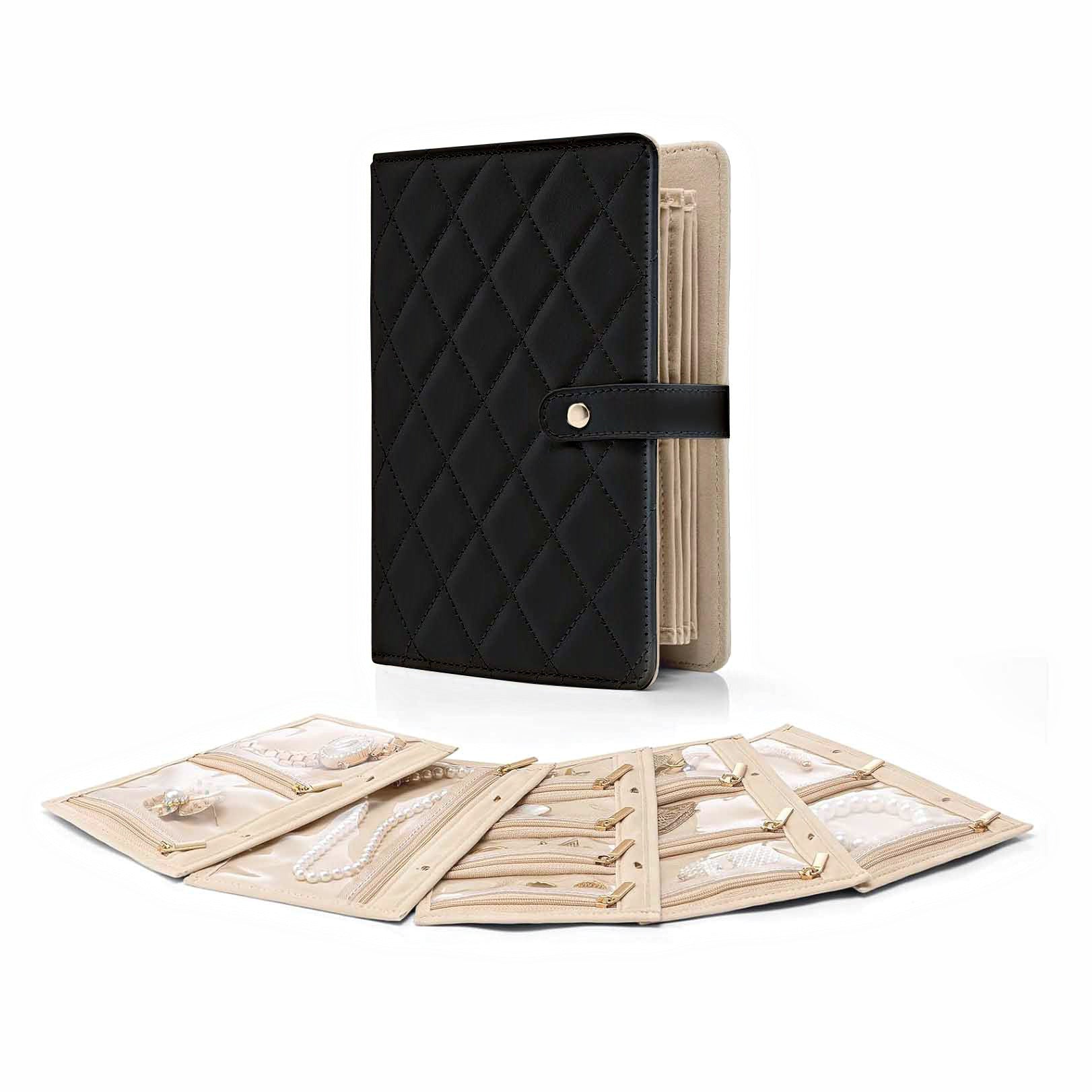 Black Foldable Travel Jewelry Organizer - Velvet Zippered Case with Transparent Pages & Detachable Pouches