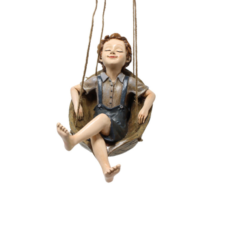 Walnut Boy Swing Resin Ornament - 20.5x11x12.5cm Charming Garden Hanging Decor for Trees & Patios 3
