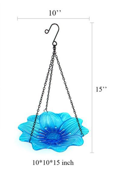 Blue Decorative Hanging Glass Flower Bird Bath - 10 Inch Vibrant Outdoor Garden Accent 3