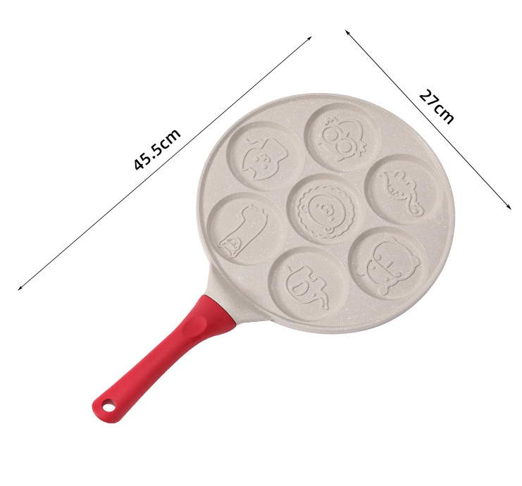 Beige Cartoon + Red Handle (Gas Model) Non-Stick Pancake Pan - 7-Hole Fun Shapes Breakfast Griddle (27cm) 3