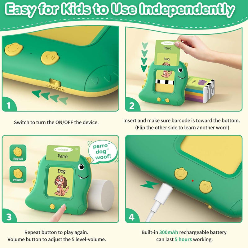 Little Green Dinosaur [112 cards] Bilingual Early Learning Flash Card Reader - Interactive Audio Toy for Toddlers 3