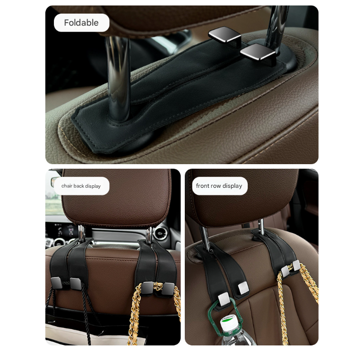 Beige Heavy Duty Car Headrest Hooks (Set of 4 Units) - PU Leather Seat Back Organizer Hangers 4