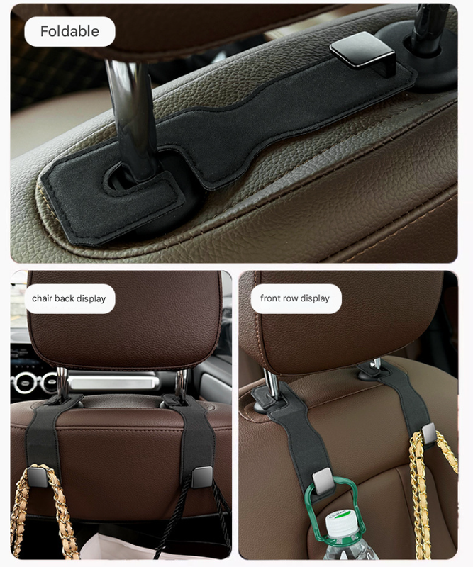 Black Premium PU Leather Car Headrest Hooks (Set of 4) - Stylish Seat Back Organizer Hangers 4