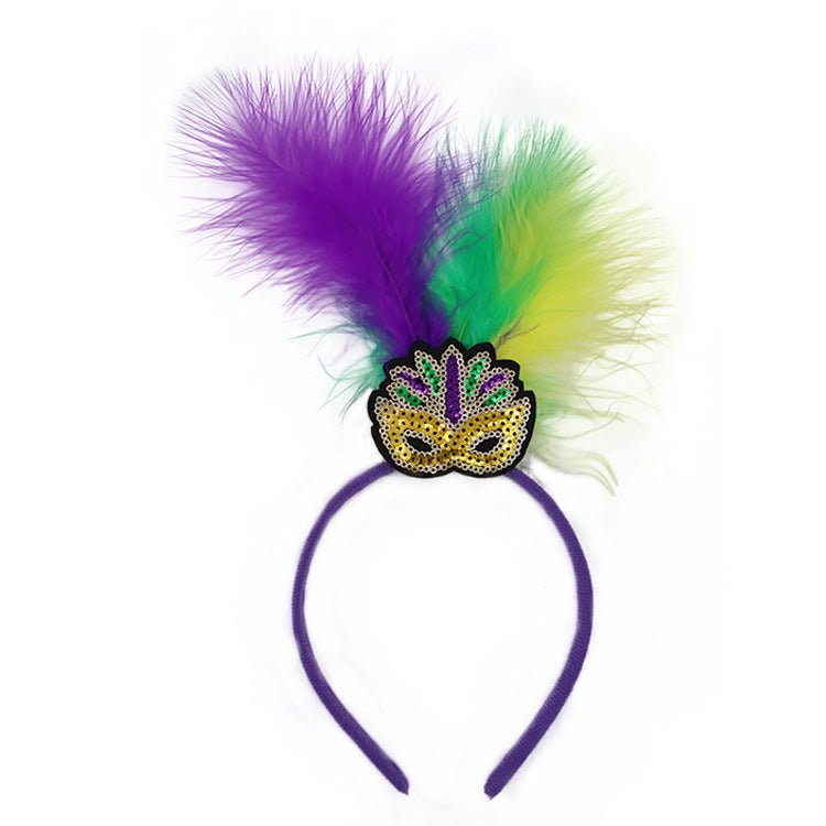 Masks Pattern Festive Mardi Gras Feather Headband Set - 10 Pack Sequin Jester Hat Party Accessory