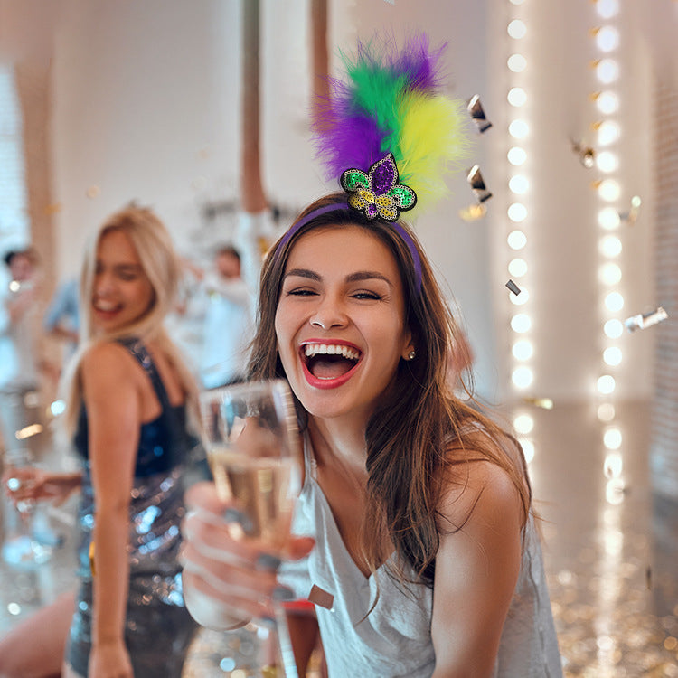 Green Clown Pattern Festive Mardi Gras Feather Headband Set - 10 Pack Sequin Jester Hat Party Accessory