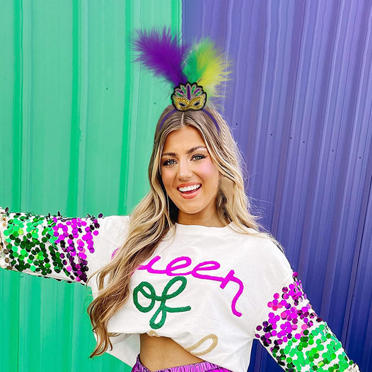 New Arrow Pattern Festive Mardi Gras Feather Headband Set - 10 Pack Sequin Jester Hat Party Accessory 3
