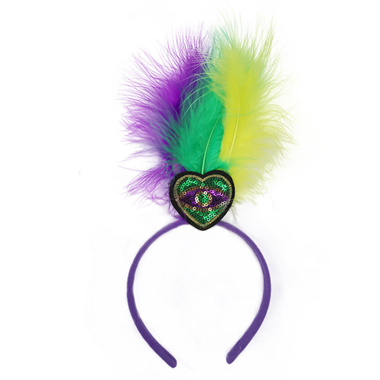 Heart Pattern Festive Mardi Gras Feather Headband Set - 10 Pack Sequin Jester Hat Party Accessory