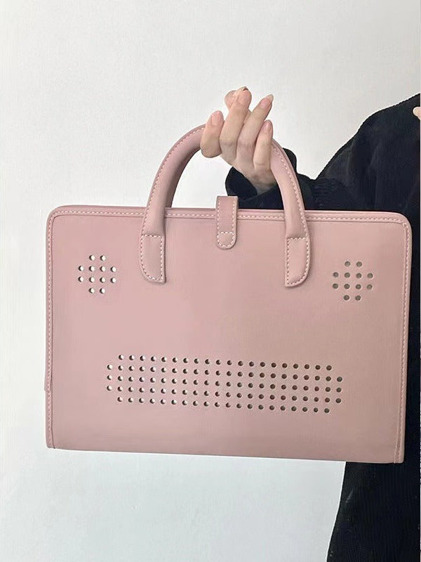 Stylish Leather Laptop Sleeve with Handle and Perforated Design - Soft Pink Color 3