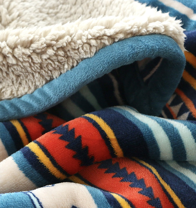 Double-Sided Geometric & Plush Throw Blanket - Warm 70x100cm Multi-Use Wrap(Color stripes/Back side light brown) 4