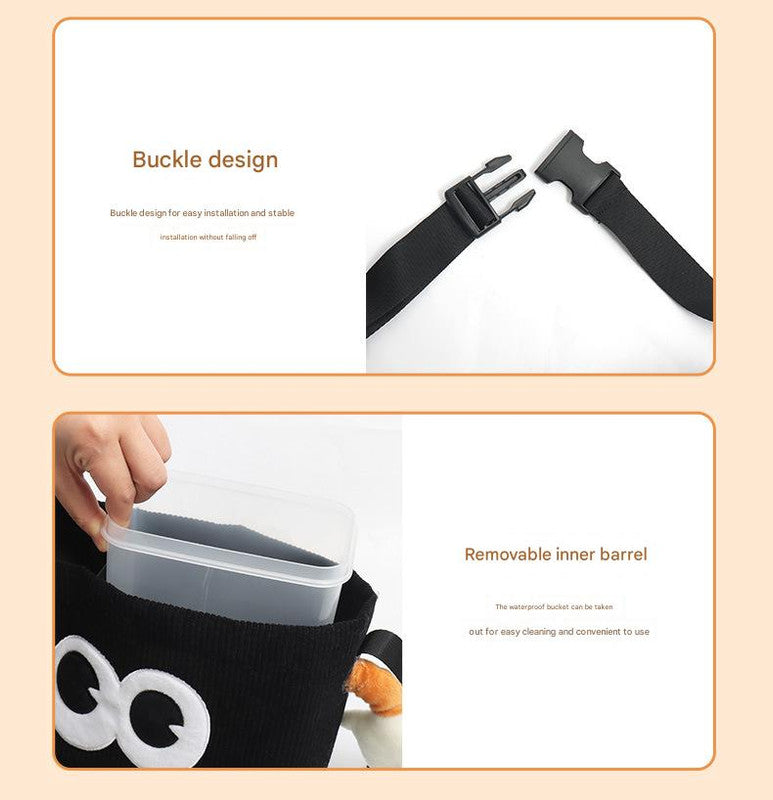 White Cute Cartoon Car Trash Bin with Adjustable Strap - Water-Repellent Corduroy (19x24cm) 3