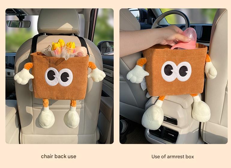 White Cute Cartoon Car Trash Bin with Adjustable Strap - Water-Repellent Corduroy (19x24cm) 5