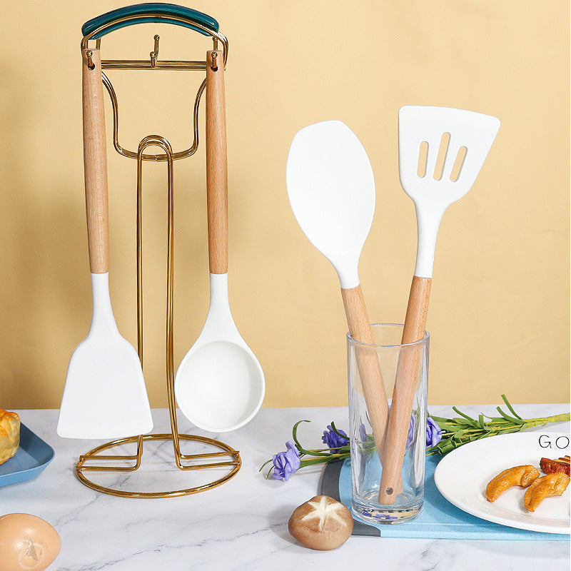 Black 11-Piece Silicone Kitchen Utensil Set with Wooden Handles and Storage Bucket - Heat Resistant and Non-Stick 3