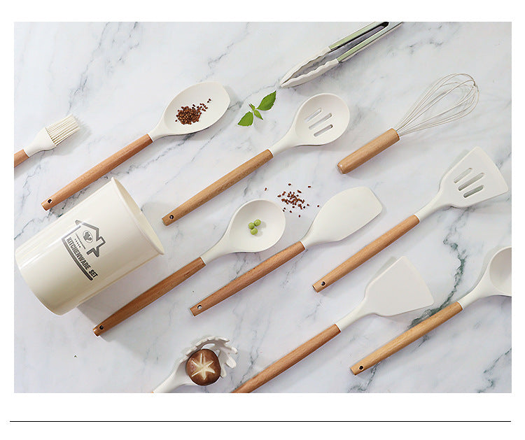 Light Green 11-Piece Silicone Kitchen Utensil Set with Wooden Handles and Storage Bucket - Heat Resistant and Non-Stick 5