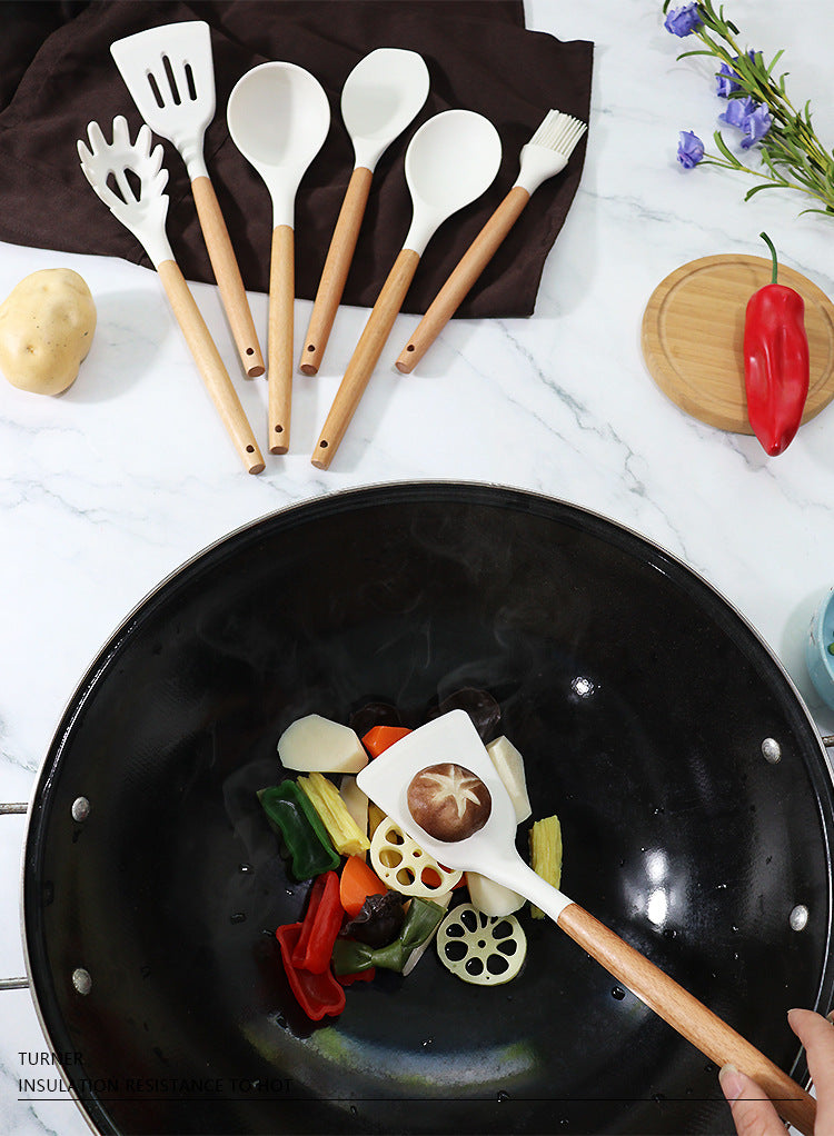 Light Green 11-Piece Silicone Kitchen Utensil Set with Wooden Handles and Storage Bucket - Heat Resistant and Non-Stick 8