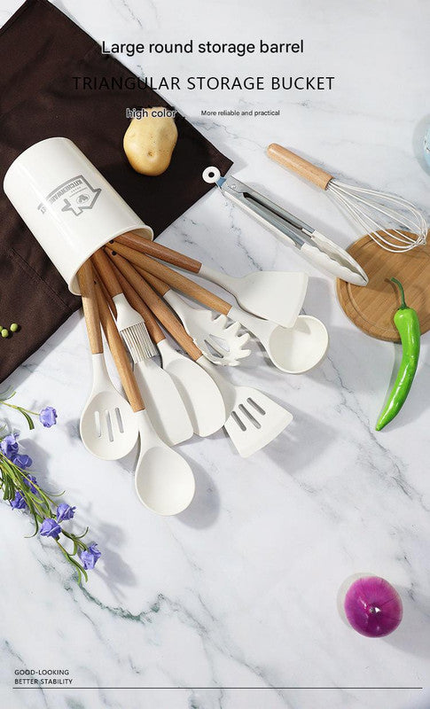 Pink 11-Piece Silicone Kitchen Utensil Set with Wooden Handles and Storage Bucket - Heat Resistant and Non-Stick 7