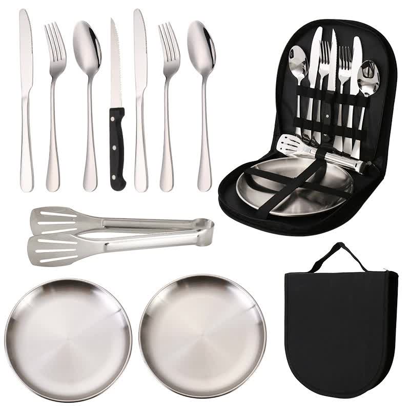 6-Piece Portable Stainless Steel Cutlery Set with Plate and Bag - Silver, Great for Camping and Travel (Steak Knife)
