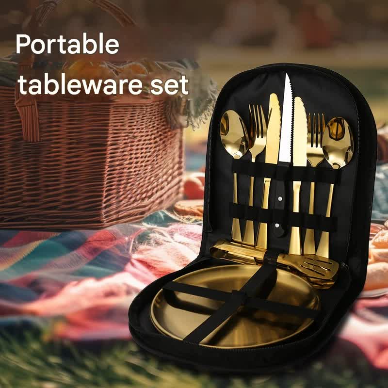 6-Piece Portable Stainless Steel Cutlery Set with Plate and Bag - Gold, Great for Camping and Travel (Chopsticks)