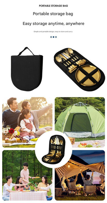 6-Piece Portable Stainless Steel Cutlery Set with Plate and Bag - Gold, Great for Camping and Travel (Chopsticks) 7