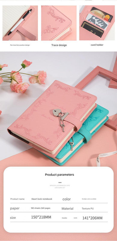 Heart Lock Diary with Key - Vintage Style Journal, Black PU Leather, Secure and Elegant 6