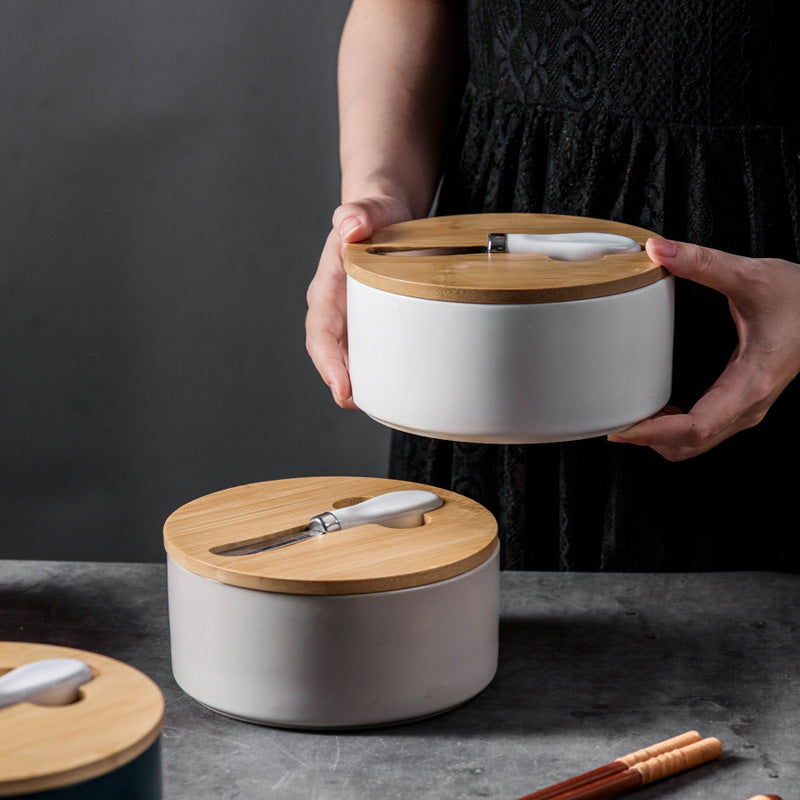 Yellow Nordic Ceramic Butter Dish with Knife - Airtight Cheese Container with Bamboo Lid, Kitchen Storage