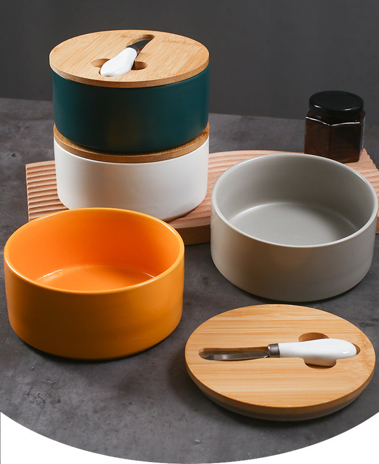 Yellow Nordic Ceramic Butter Dish with Knife - Airtight Cheese Container with Bamboo Lid, Kitchen Storage 6